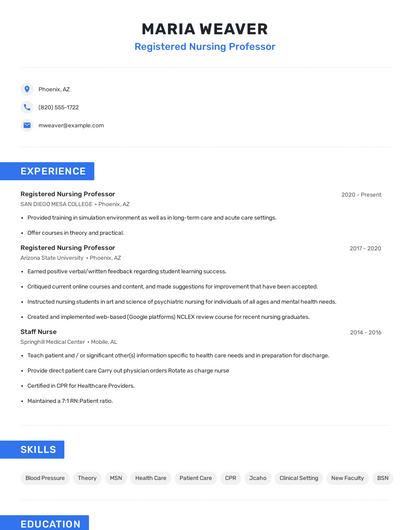 Registered Nursing Professor Resume