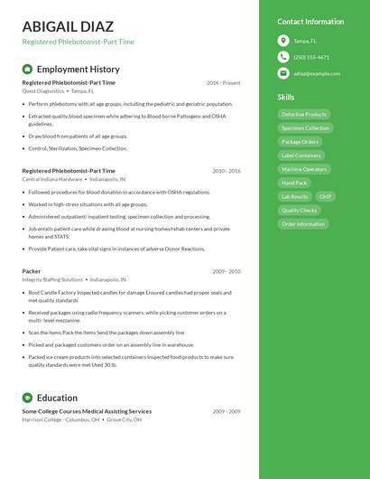 Registered Phlebotomist-Part Time Resume