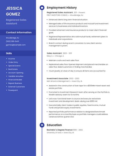 Registered Sales Assistant Resume