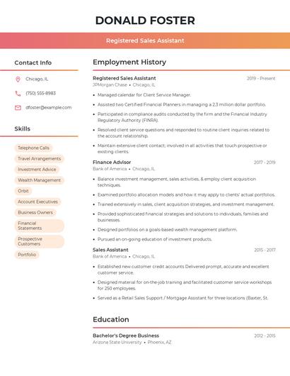 Registered Sales Assistant Resume