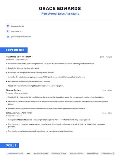 Registered Sales Assistant Resume