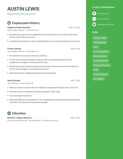 Registered Sales Assistant Resume