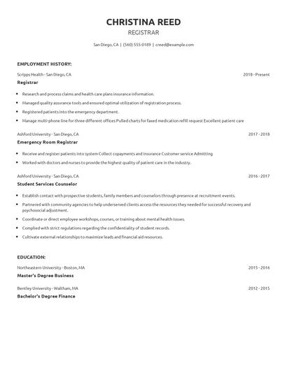 Registrar Resume