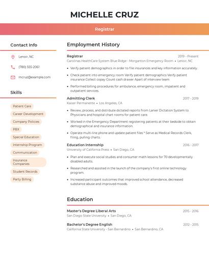 Registrar Resume