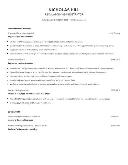Regulatory Administrator Resume
