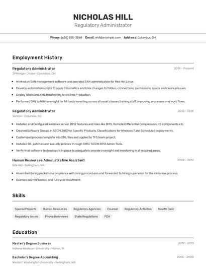 Regulatory Administrator Resume