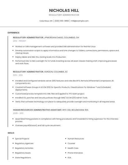Regulatory Administrator Resume