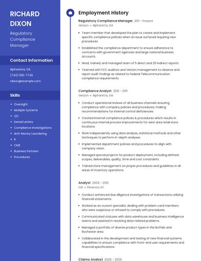 Regulatory Compliance Manager Resume