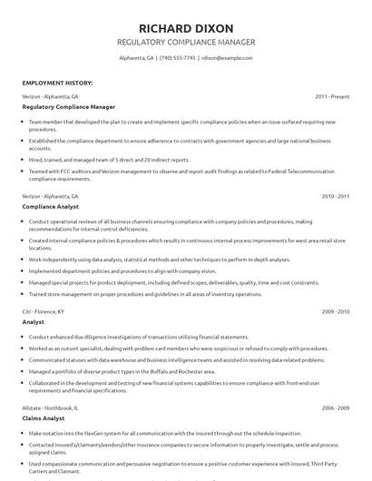 Regulatory Compliance Manager Resume