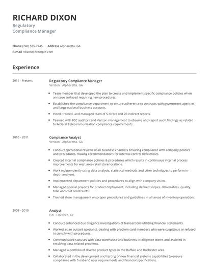 Regulatory Compliance Manager Resume