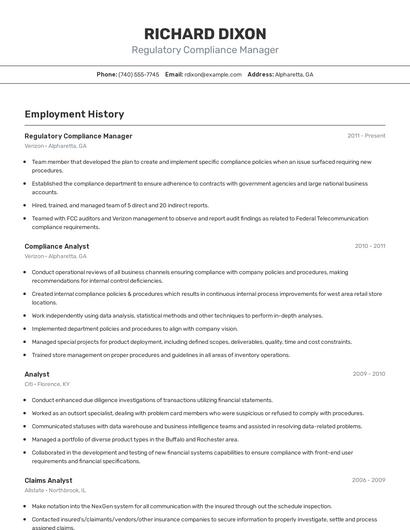 Regulatory Compliance Manager Resume