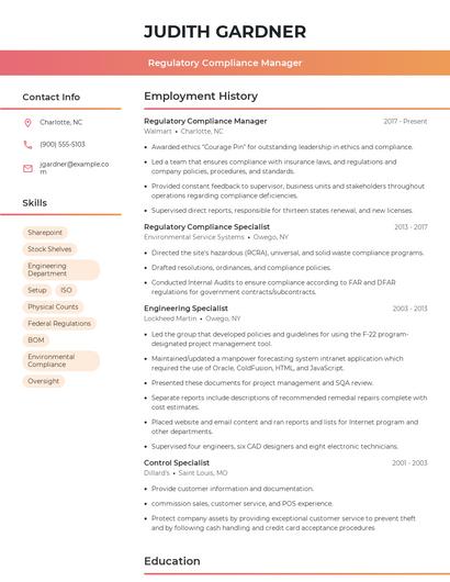 Regulatory Compliance Manager Resume