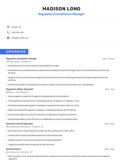 Regulatory Compliance Manager Resume