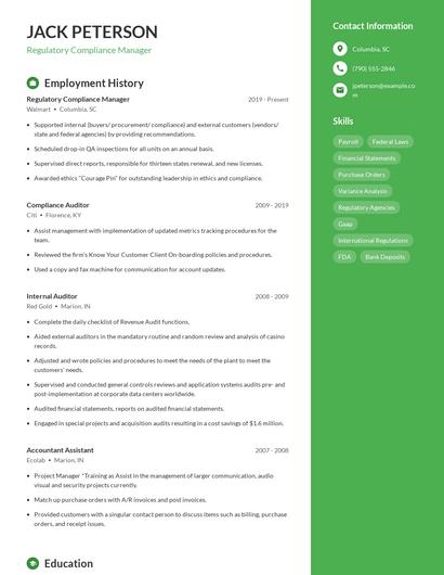 Regulatory Compliance Manager Resume