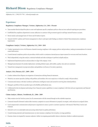 Regulatory Compliance Manager Resume