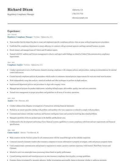 Regulatory Compliance Manager Resume