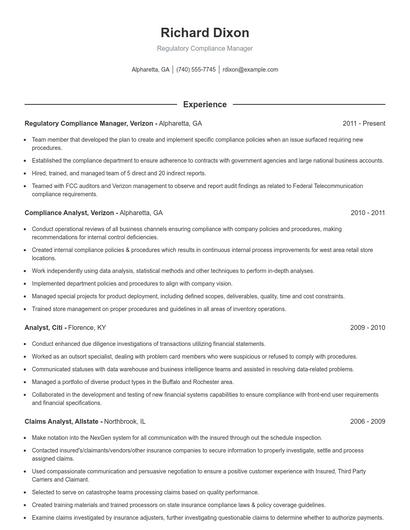 Regulatory Compliance Manager Resume