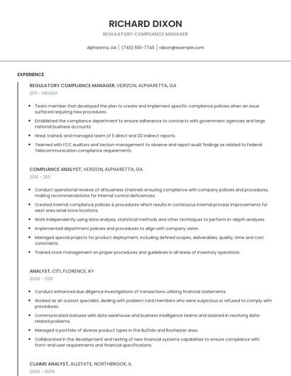 Regulatory Compliance Manager Resume