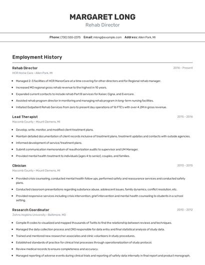Rehab Director Resume