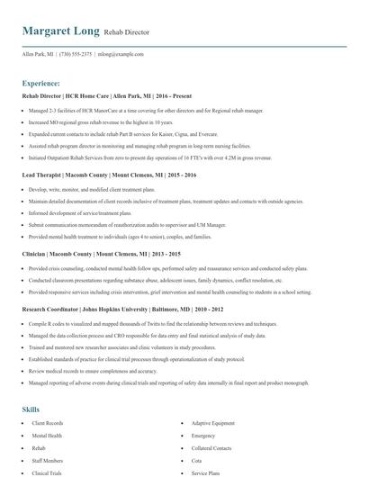 Rehab Director Resume