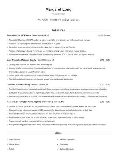 Rehab Director Resume