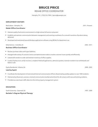 Rehab Office Coordinator Resume