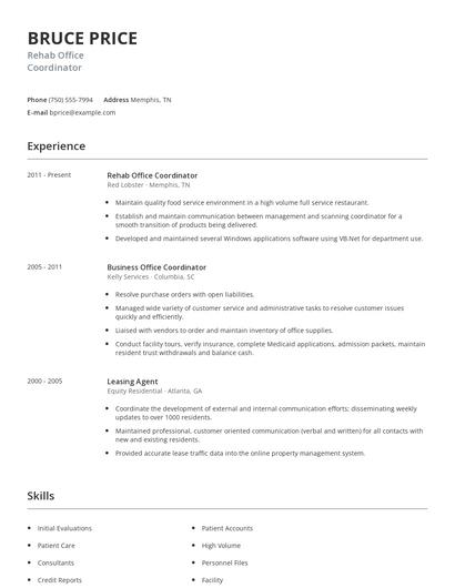 Rehab Office Coordinator Resume