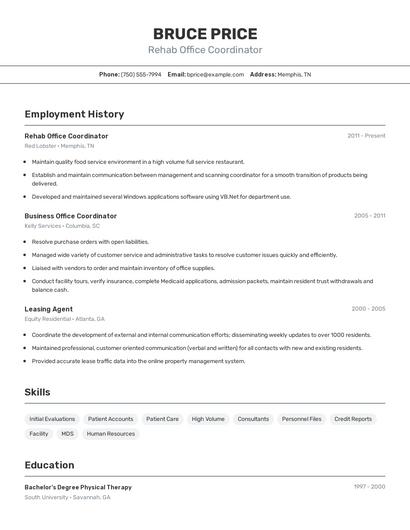Rehab Office Coordinator Resume