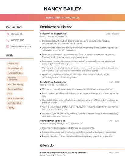 Rehab Office Coordinator Resume