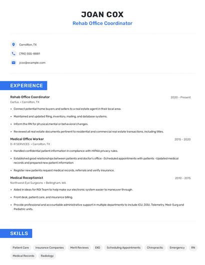 Rehab Office Coordinator Resume