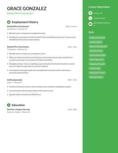 Rehab Office Coordinator Resume