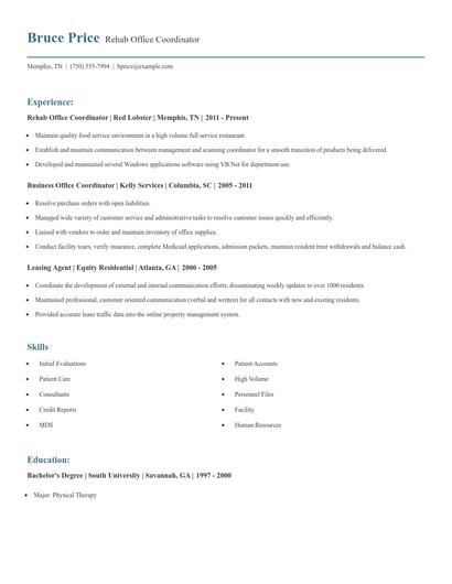 Rehab Office Coordinator Resume