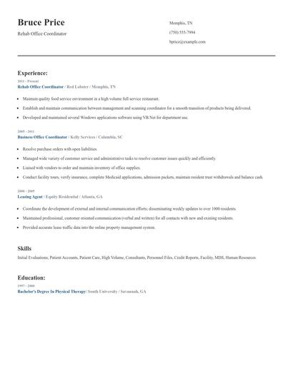 Rehab Office Coordinator Resume