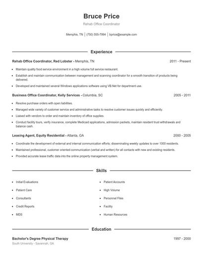 Rehab Office Coordinator Resume