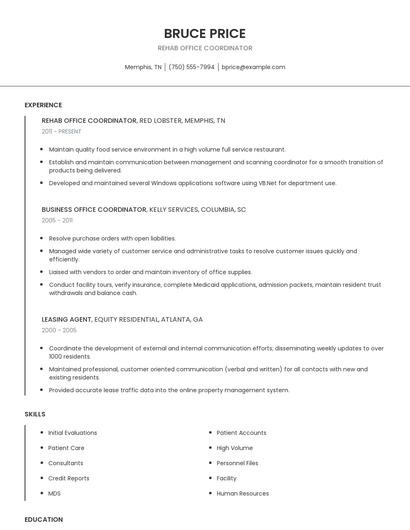 Rehab Office Coordinator Resume