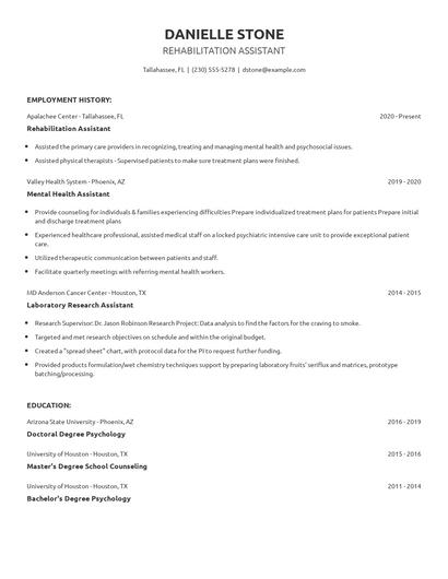 Rehabilitation Assistant Resume