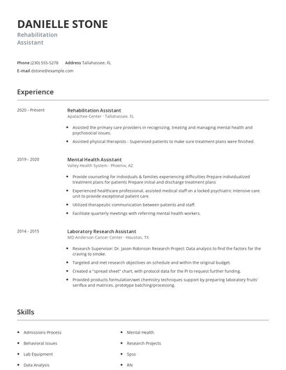 Rehabilitation Assistant Resume