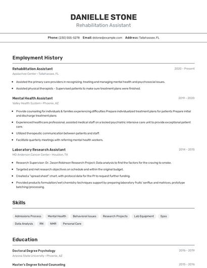 Rehabilitation Assistant Resume