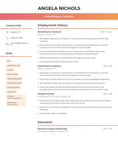 Rehabilitation Assistant Resume