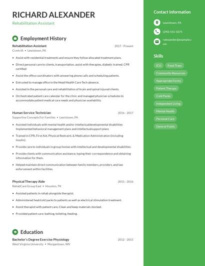 Rehabilitation Assistant Resume