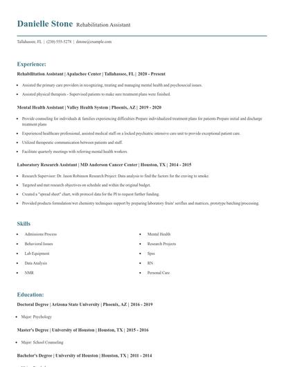 Rehabilitation Assistant Resume