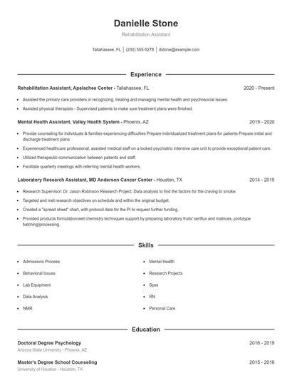 Rehabilitation Assistant Resume