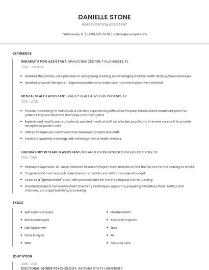 Rehabilitation Assistant Resume