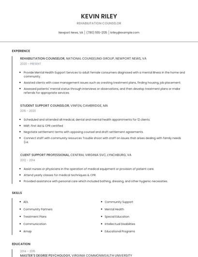 Rehabilitation Counselor Resume