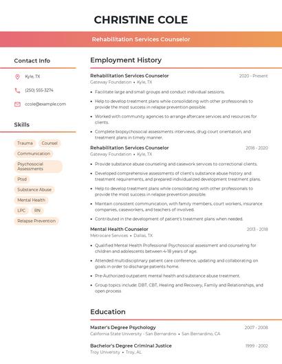 Rehabilitation Services Counselor Resume