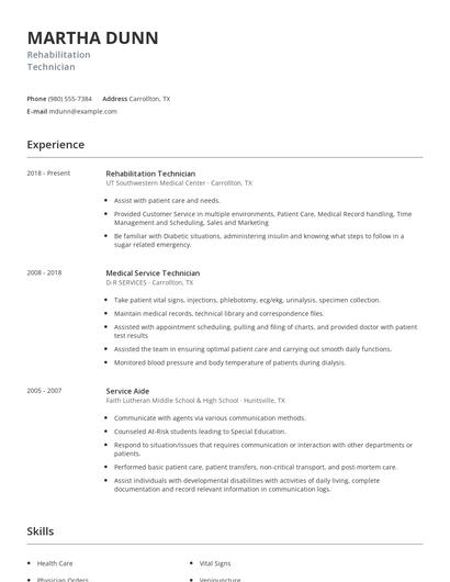 Rehabilitation Technician Resume