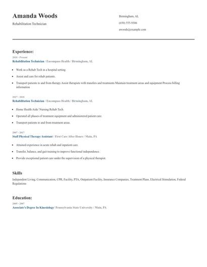 Rehabilitation Technician Resume