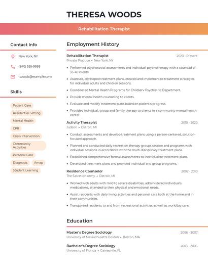 Rehabilitation Therapist Resume