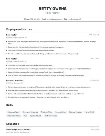 Reiki Master Resume
