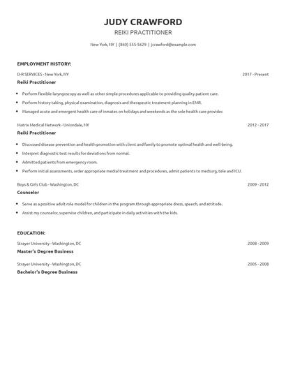 Reiki Practitioner Resume